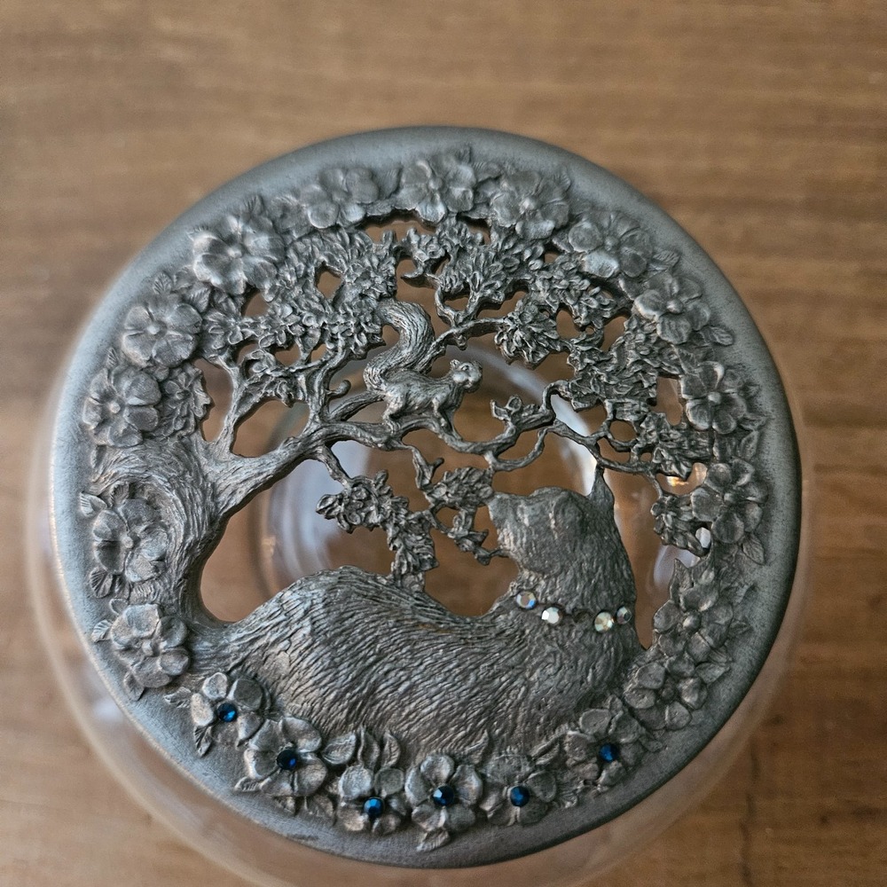 Vintage 1989 Rawcliffe Pewter Glass Potpourri Jar Trinket Dish w/ Cat Tree Lid